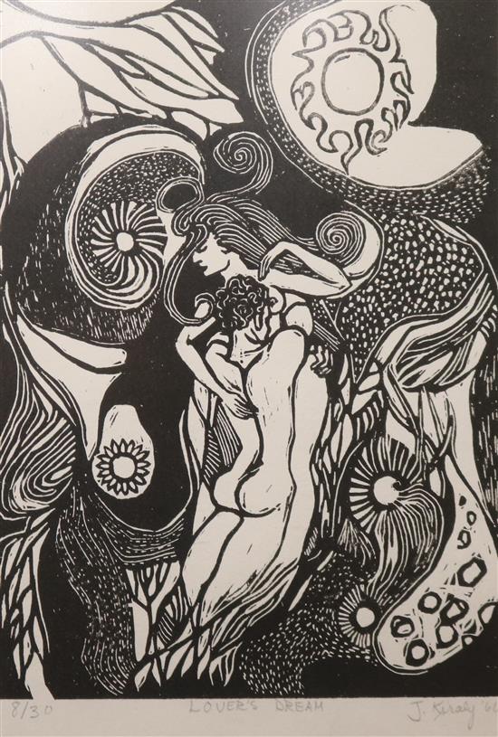 J. Kiraly, woodcut, Lovers Dream, limited edition 8/30, signed in pencil, 33 x 24cm